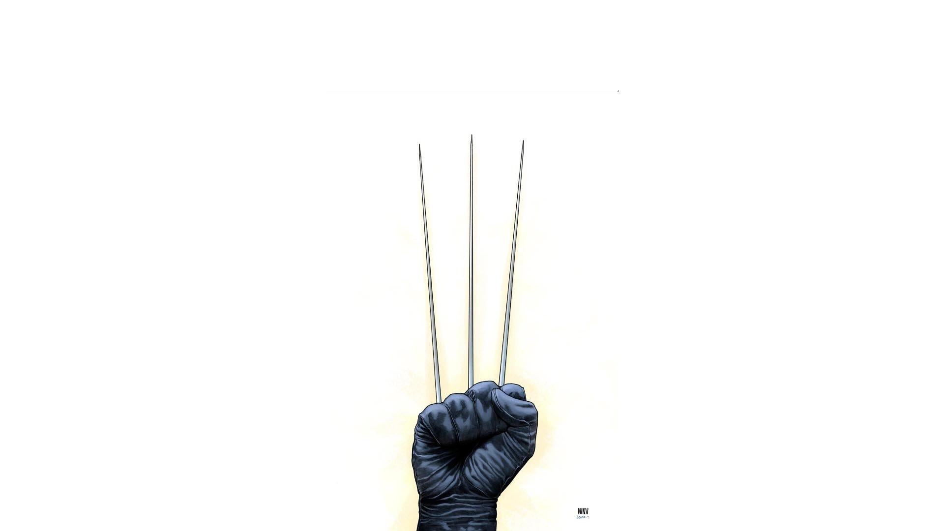 A close-up of a clenched fist with extended adamantium claws, featuring a minimalist design, capturing the essence of Wolverine from comics. An HD desktop wallpaper and background.