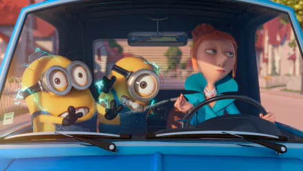 HD PC desktop wallpaper featuring Lucy and two Minions from the movie Despicable Me 2 inside a blue car.