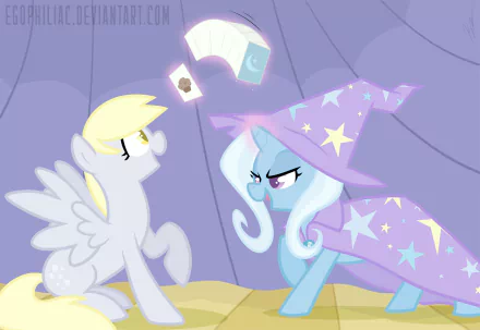 Vector HD PC desktop wallpaper background of My Little Pony: Friendship Is Magic - Derpy Hooves and Trixie in a purple tent, Trixie in a starry wizard cloak levitating playing cards.