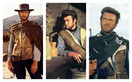 HD PC desktop wallpaper featuring three iconic scenes from the movie For A Few Dollars More, showcasing main characters in classic Western attire.