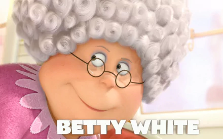 HD PC desktop wallpaper featuring a close-up of a character from the movie The Lorax with white curly hair and glasses, labeled Betty White.