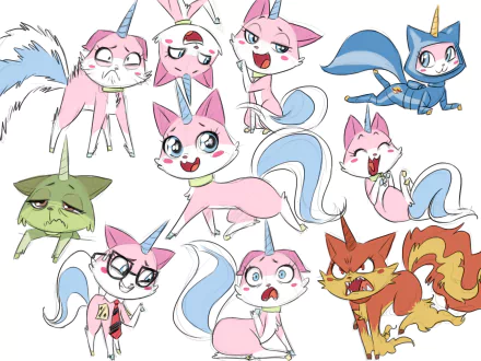 HD desktop wallpaper featuring various animated characters including Queasy Kitty, Astro Kitty, Unicorn, and Unikitty from The Lego Movie, set in a colorful cartoon style.