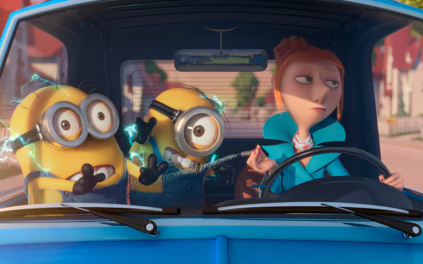 HD PC desktop wallpaper featuring Lucy and two Minions from the movie Despicable Me 2 inside a blue car.