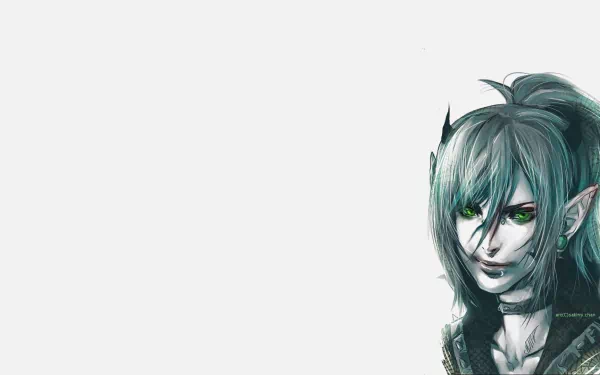 HD fantasy desktop wallpaper featuring a close-up of a green-eyed elf with long hair and pointed ears against a minimalistic white background.