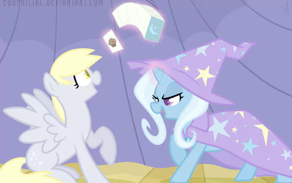Vector HD PC desktop wallpaper background of My Little Pony: Friendship Is Magic - Derpy Hooves and Trixie in a purple tent, Trixie in a starry wizard cloak levitating playing cards.