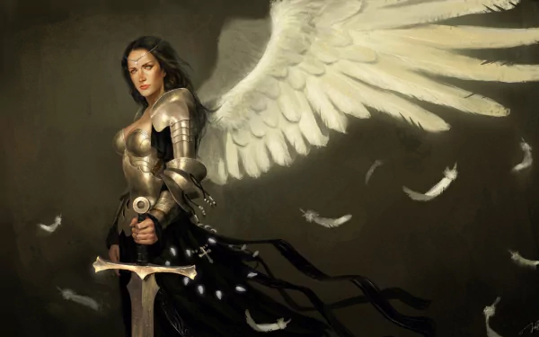 A fierce angel warrior stands confidently, clad in armor, with large, feathery wings and a sword in hand, surrounded by floating feathers. High-definition fantasy art wallpaper.