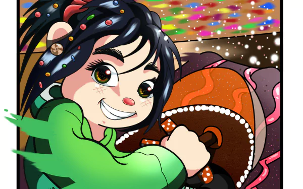 HD desktop wallpaper of Vanellope von Schweetz from Wreck-It Ralph: grinning in a green hoodie, candy-sprinkled hair, twisting a giant candy wheel against a colorful confetti background.