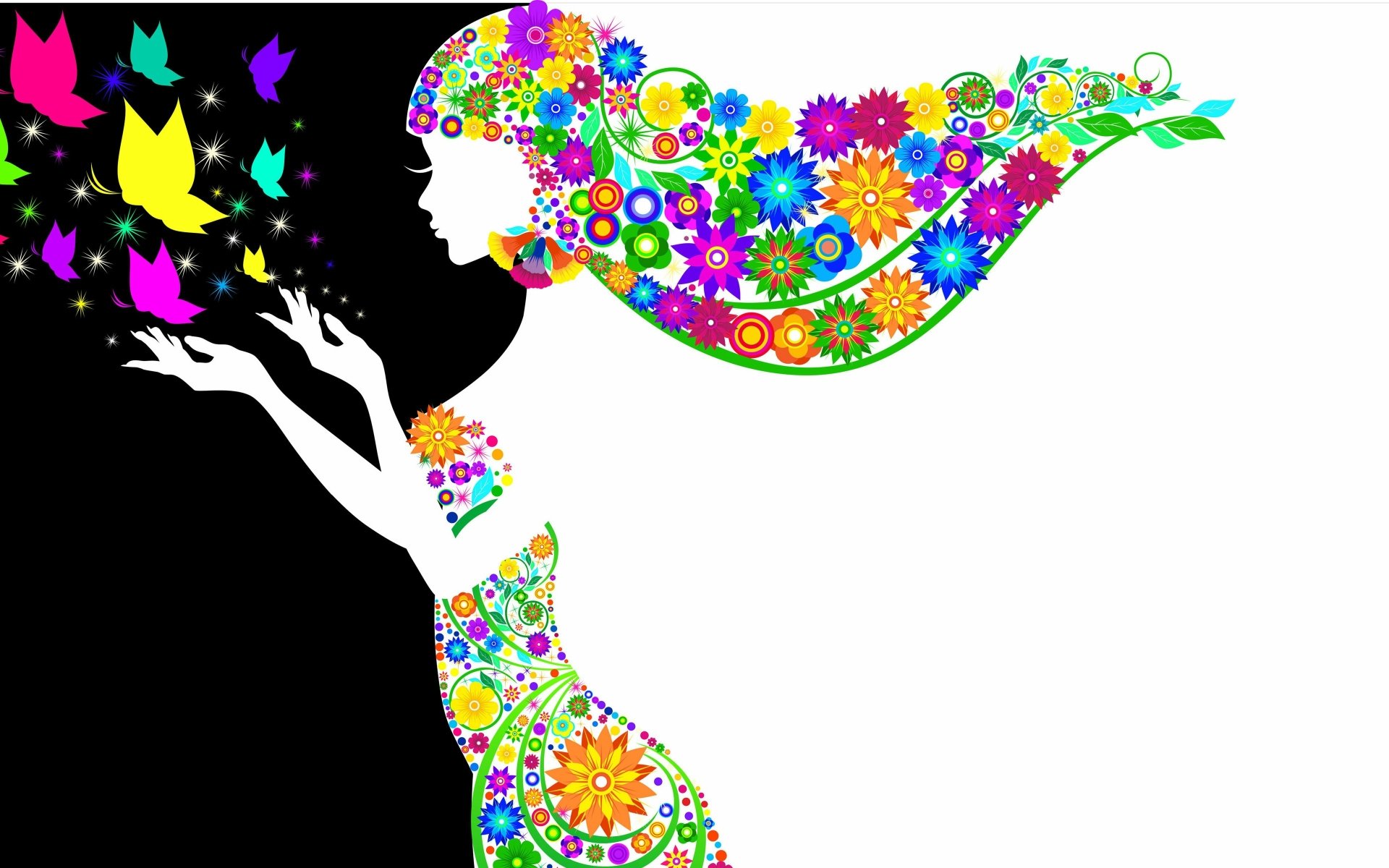 An artistic HD desktop wallpaper featuring a vibrant silhouette of a woman with colorful floral hair, surrounded by butterflies against a stark black background.