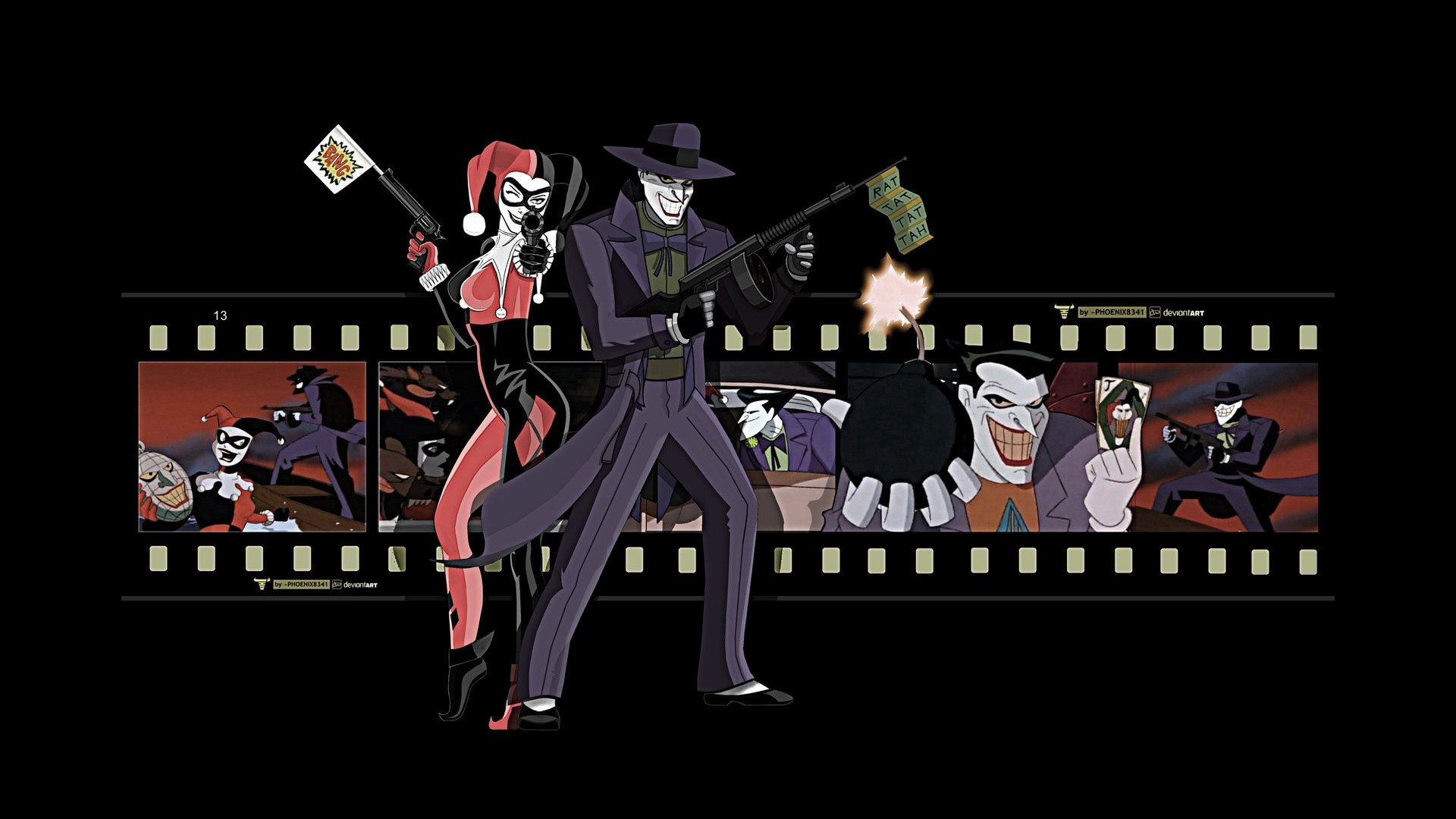 HD PC desktop wallpaper featuring comic-style Harley Quinn and Joker with a filmstrip backdrop showcasing various animated scenes.