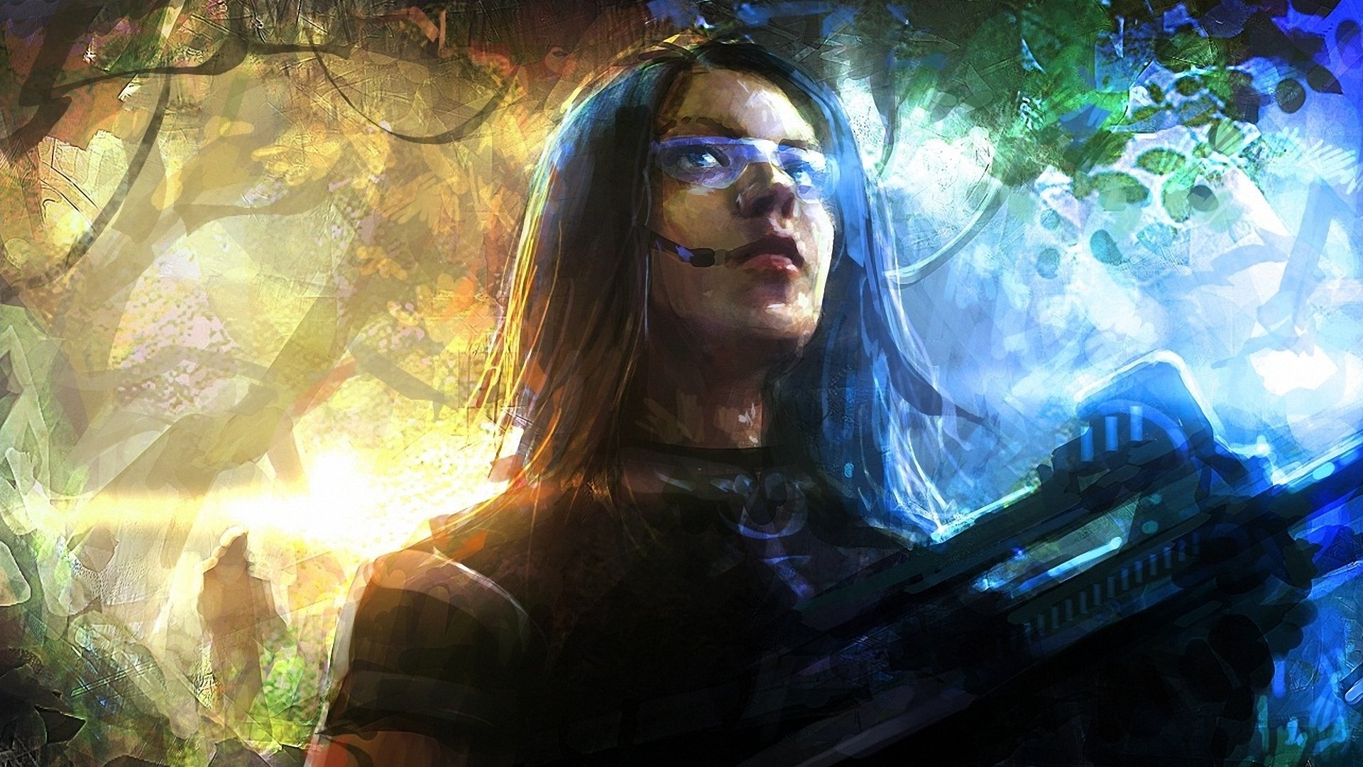 HD sci-fi desktop wallpaper featuring a futuristic warrior with glowing blue visor and advanced weaponry amidst a vibrant, otherworldly environment.