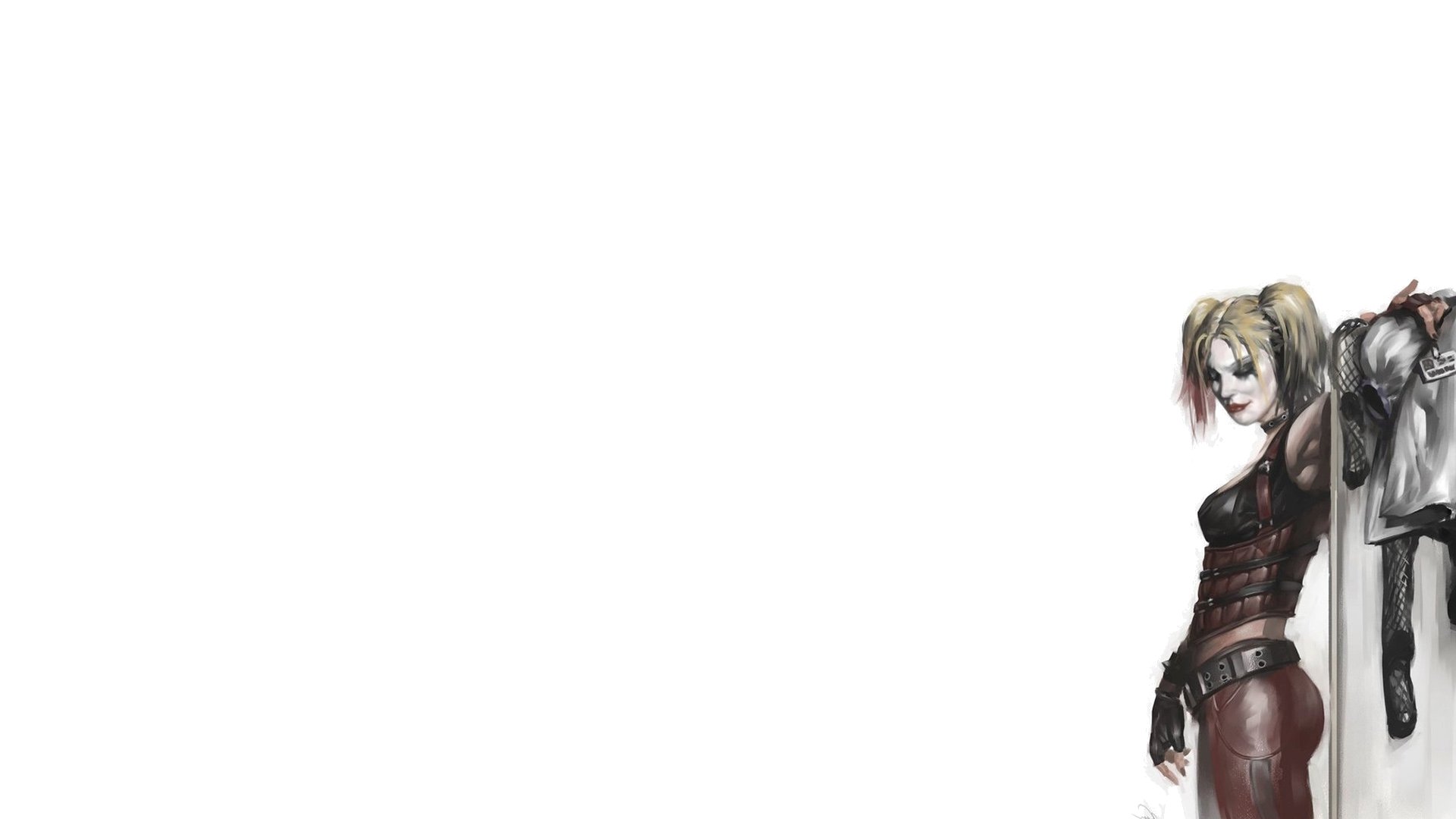 HD comic-style PC desktop wallpaper featuring Harley Quinn in a dynamic pose against a minimalist white background.