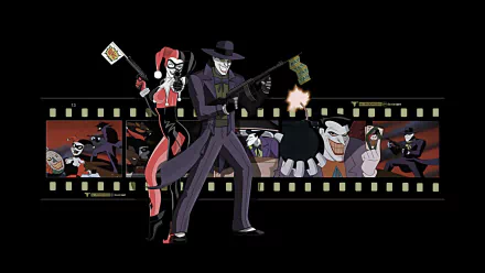 HD PC desktop wallpaper featuring comic-style Harley Quinn and Joker with a filmstrip backdrop showcasing various animated scenes.