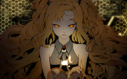 A striking HD wallpaper featuring SeeU, a Vocaloid character, set against a backdrop of hexagonal patterns, showcasing her captivating expression and flowing hair.