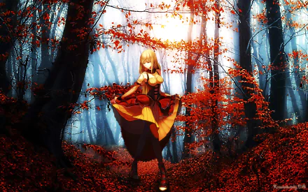 A stunning HD desktop wallpaper featuring a character from Fate/Zero, set against a vibrant forest scene with striking red leaves and ethereal lighting.