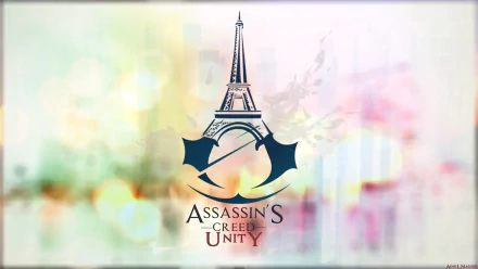 HD PC desktop wallpaper of Assassin's Creed: Unity featuring the game’s logo with a stylized Eiffel Tower against a soft, blurred background.