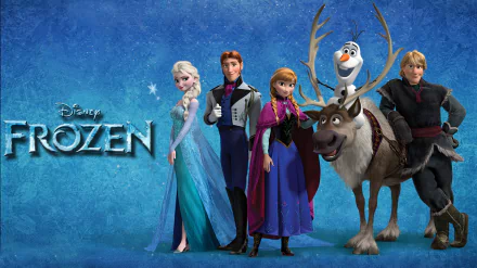 HD wallpaper featuring main characters from Disney's Frozen: Elsa, Anna, Kristoff, Sven, Olaf, and Hans, standing together against a snowy, blue background.