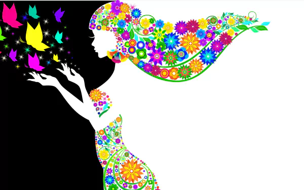 An artistic HD desktop wallpaper featuring a vibrant silhouette of a woman with colorful floral hair, surrounded by butterflies against a stark black background.