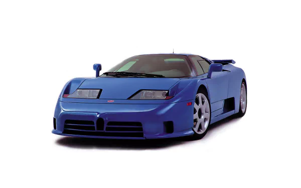 HD desktop wallpaper featuring a blue Bugatti EB110 GT sports car against a white background.