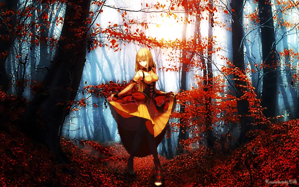 A stunning HD desktop wallpaper featuring a character from Fate/Zero, set against a vibrant forest scene with striking red leaves and ethereal lighting.