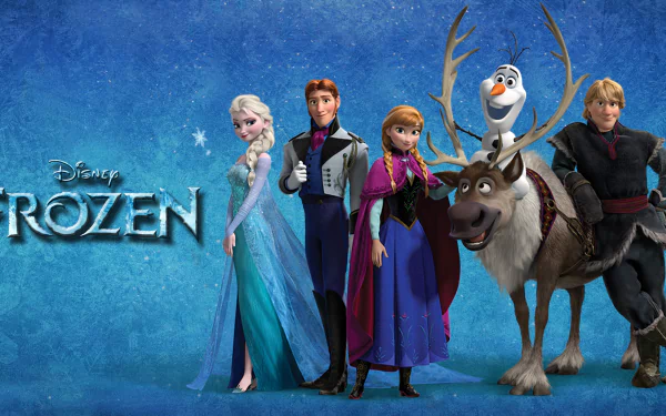 HD wallpaper featuring main characters from Disney's Frozen: Elsa, Anna, Kristoff, Sven, Olaf, and Hans, standing together against a snowy, blue background.