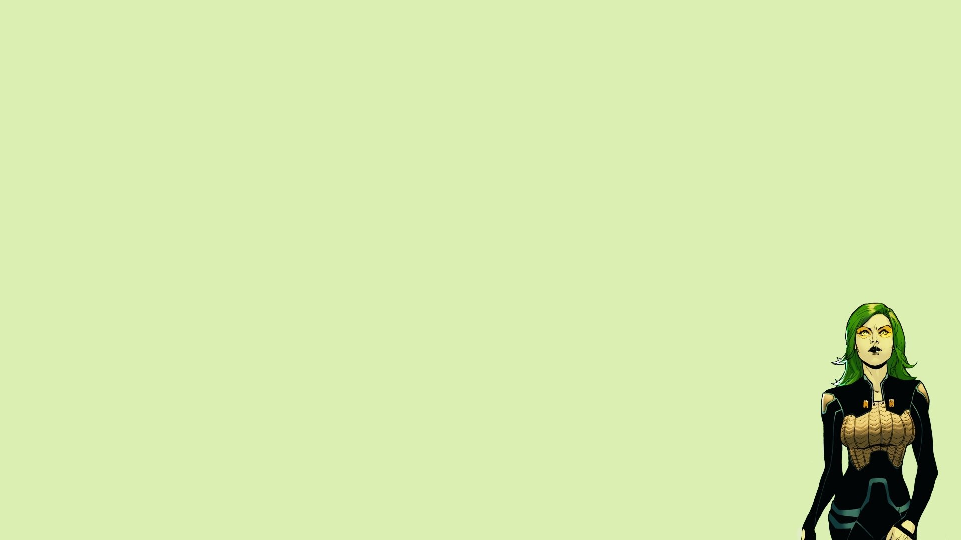 HD PC desktop wallpaper/background: comic-style Gamora from Guardians of the Galaxy stands at lower-right against a pale green minimalist backdrop.