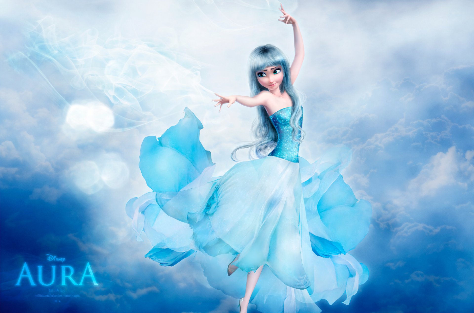 HD fantasy PC desktop wallpaper featuring Elsa from Frozen, gracefully dancing in a flowing icy blue dress against a cloudy sky backdrop.