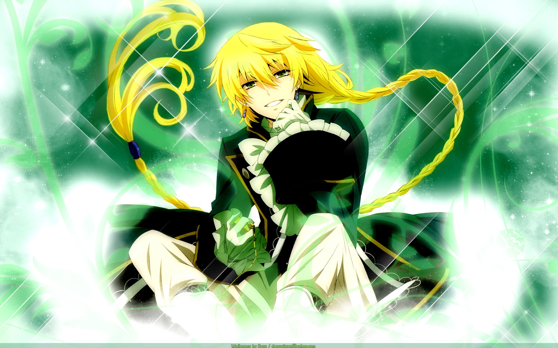 HD PC desktop wallpaper featuring an anime character with long blonde hair and a dark outfit from Pandora Hearts, set against a glowing green and white background.