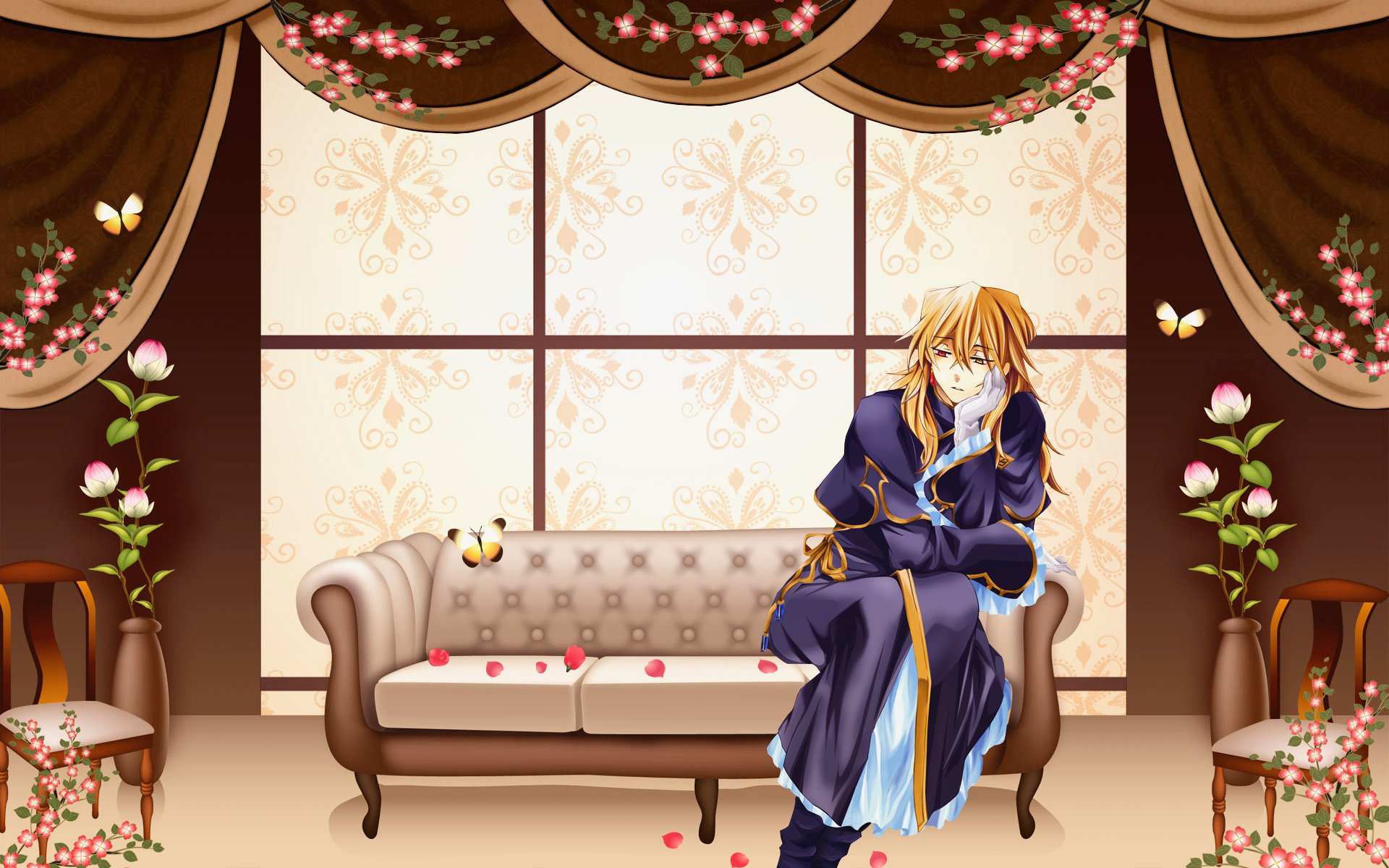 HD anime wallpaper featuring a character from Pandora Hearts seated on a vintage sofa in an elegant room adorned with floral decorations and soft lighting.