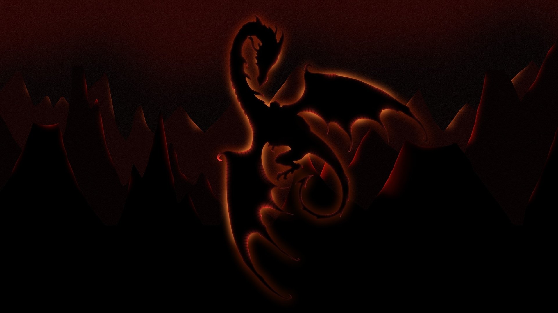 Fantasy dragon silhouette outlined in molten orange above jagged dark mountains — 2K Quad HD PC desktop wallpaper and background.