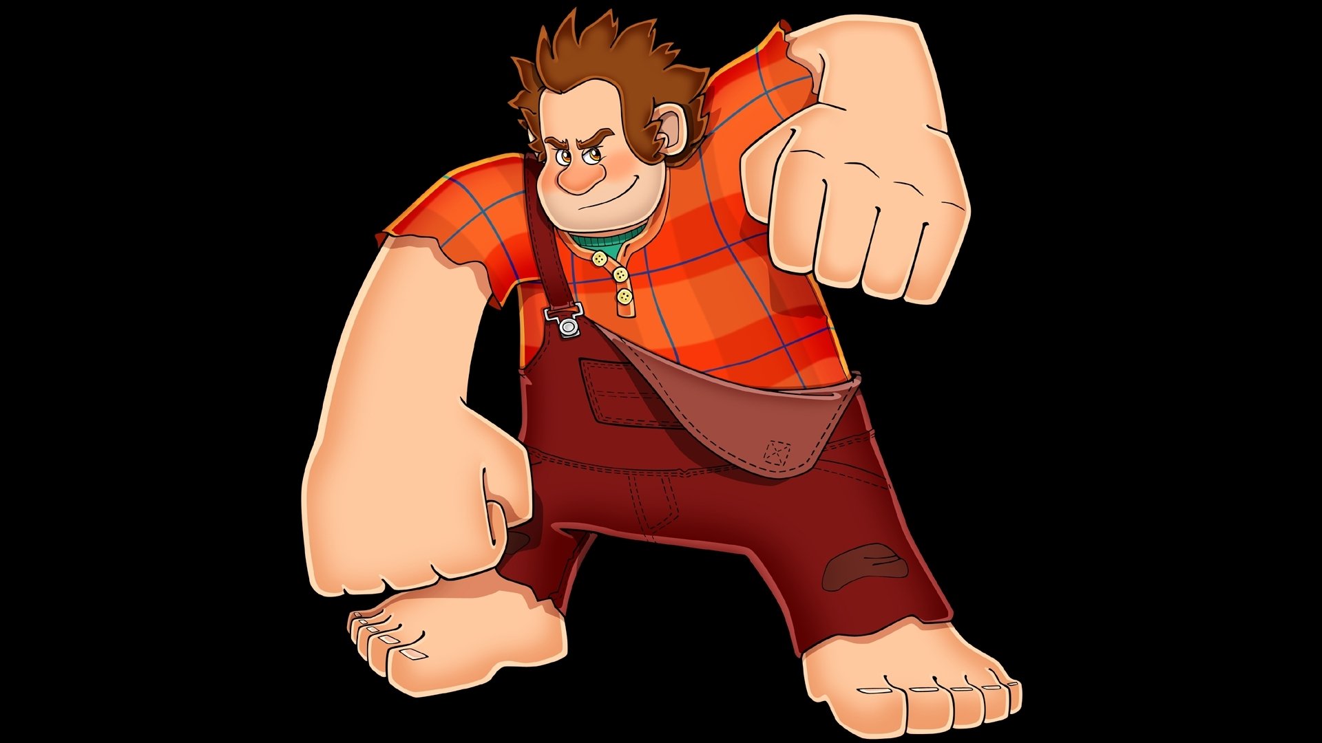Wreck-It Ralph movie HD PC desktop wallpaper/background: animated Ralph in torn overalls raising a clenched fist on a black background.