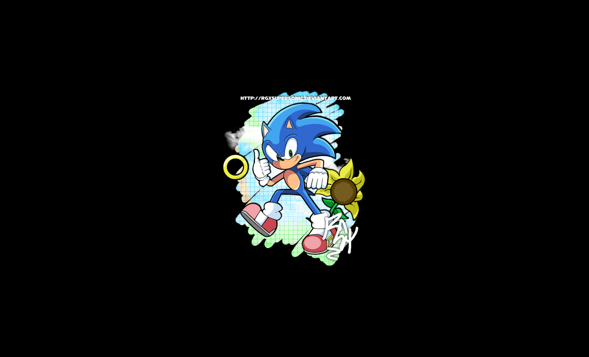 HD PC desktop wallpaper featuring Sonic the Hedgehog holding a gold ring with a vibrant, dynamic video game-themed design.