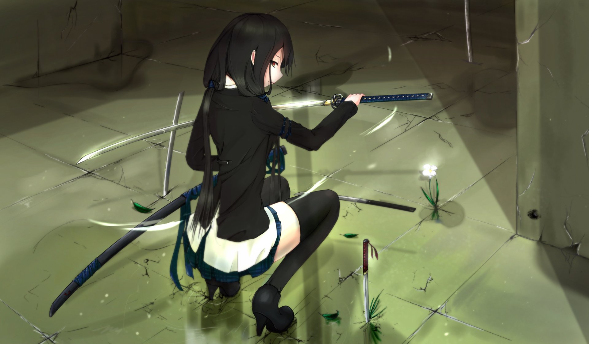 HD wallpaper of an anime girl in a black outfit examining a sword amidst broken glass and glowing plants.