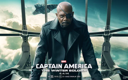 Nick Fury, portrayed by Samuel L. Jackson, stands confidently in a dramatic scene from Captain America: The Winter Soldier, featuring striking visuals for an HD wallpaper.