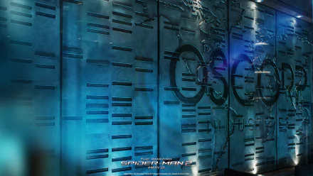 HD desktop wallpaper of The Amazing Spider-Man 2 featuring a blue-lit wall with the Oscorp logo prominently displayed.