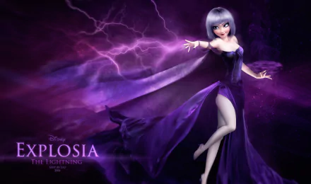 Fantasy-themed HD PC desktop wallpaper featuring a woman in a flowing purple dress with lightning striking behind her, inspired by Elsa from Frozen.