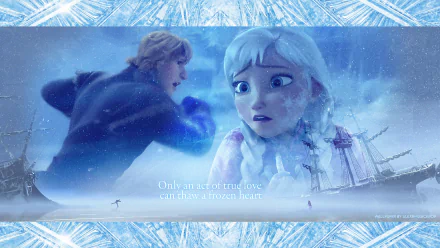 HD PC desktop wallpaper featuring Kristoff and Anna from the Frozen movie, showcasing a snowy, emotional scene with the quote, Only all sorts true love can thaw a frozen heart.