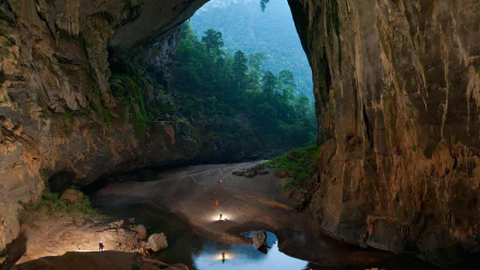 HD PC desktop wallpaper showcasing the lush greenery and towering rock formations inside the Son Doong Cave, highlighting the stunning natural beauty of this cave system.