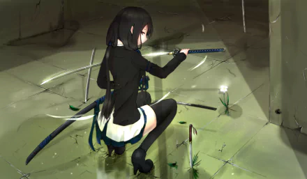 HD wallpaper of an anime girl in a black outfit examining a sword amidst broken glass and glowing plants.