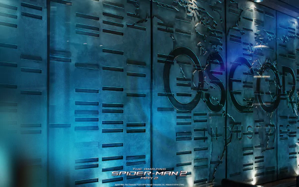 HD desktop wallpaper of The Amazing Spider-Man 2 featuring a blue-lit wall with the Oscorp logo prominently displayed.