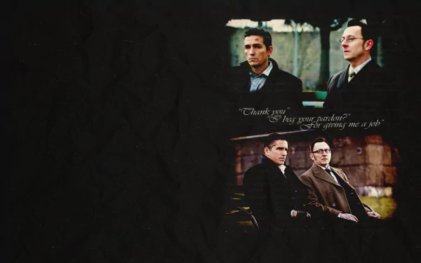 HD PC desktop wallpaper/background for the TV show Person of Interest: two suited men in a moody park scene with a small quote overlay against a dark, textured backdrop.