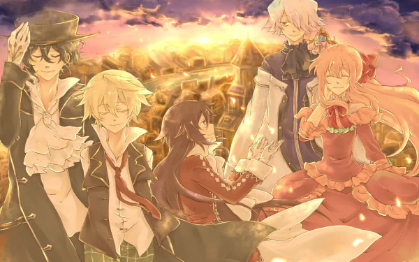 Anime-style HD desktop wallpaper featuring characters from Pandora Hearts against a glowing, fiery sky background.