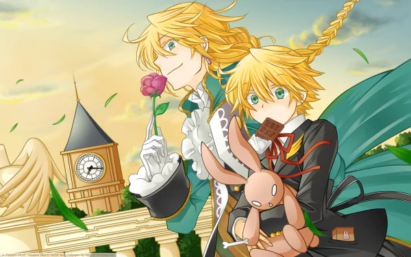 Anime-inspired illustration from Pandora Hearts featuring two characters with blond hair, one holding a rose and the other a chocolate, set against a vibrant, whimsical background.