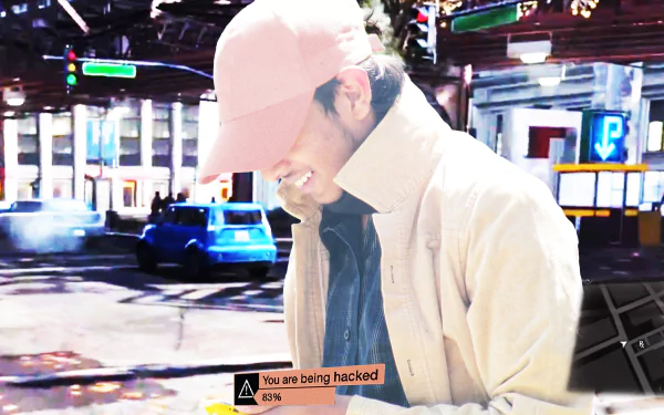 4K Ultra HD Watch Dogs PC wallpaper featuring a hooded character in a cityscape with a You are being hacked alert displayed.