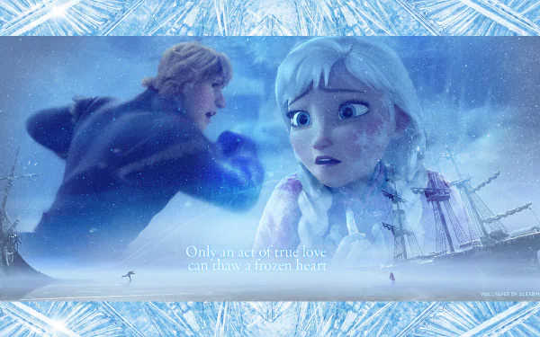 HD PC desktop wallpaper featuring Kristoff and Anna from the Frozen movie, showcasing a snowy, emotional scene with the quote, Only all sorts true love can thaw a frozen heart.