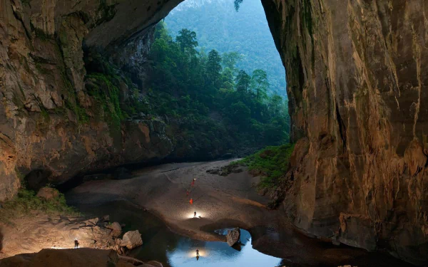 HD PC desktop wallpaper showcasing the lush greenery and towering rock formations inside the Son Doong Cave, highlighting the stunning natural beauty of this cave system.