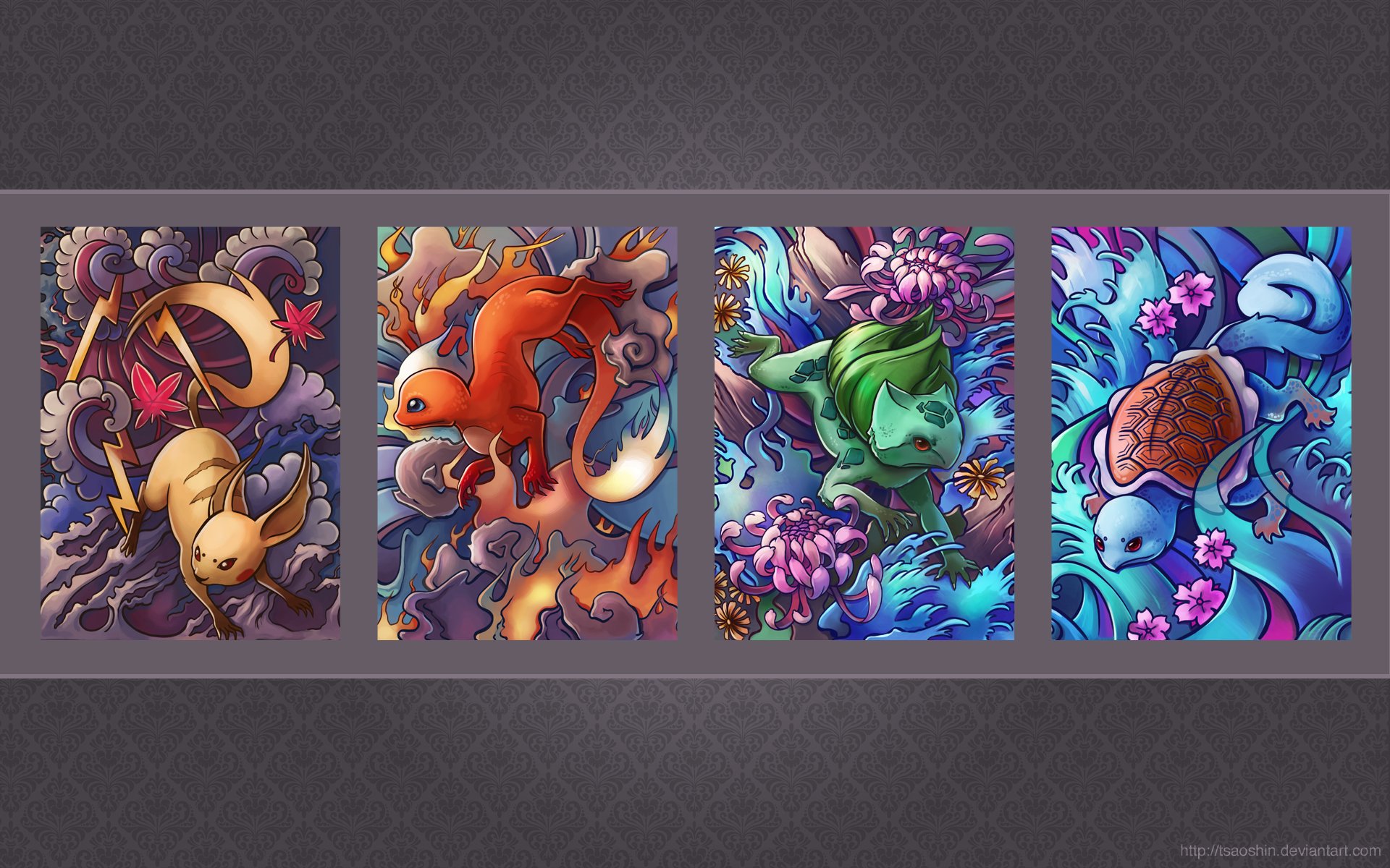 HD PC desktop wallpaper featuring vibrant artwork of starter Pokémon Squirtle, Bulbasaur, Charmander, and Pikachu from the Pokémon video game series.