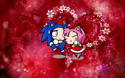 HD PC desktop wallpaper featuring Amy Rose and Sonic the Hedgehog in a cute, chibi-style embrace with a red, heart-themed background.