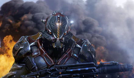 HD sci-fi desktop wallpaper featuring a futuristic armored robot soldier holding a large weapon against a smoky, fiery battlefield backdrop.