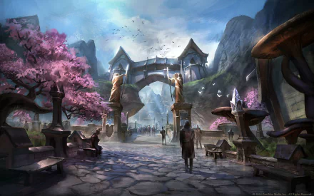 A serene scene from The Elder Scrolls Online, featuring a vibrant landscape with cherry blossoms, grand architecture, and travelers on a cobblestone path, designed as an HD desktop wallpaper.