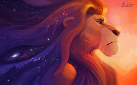 A high-definition desktop wallpaper featuring Mufasa from The Lion King (1994), with a majestic and cosmic background highlighting his powerful and kingly presence.
